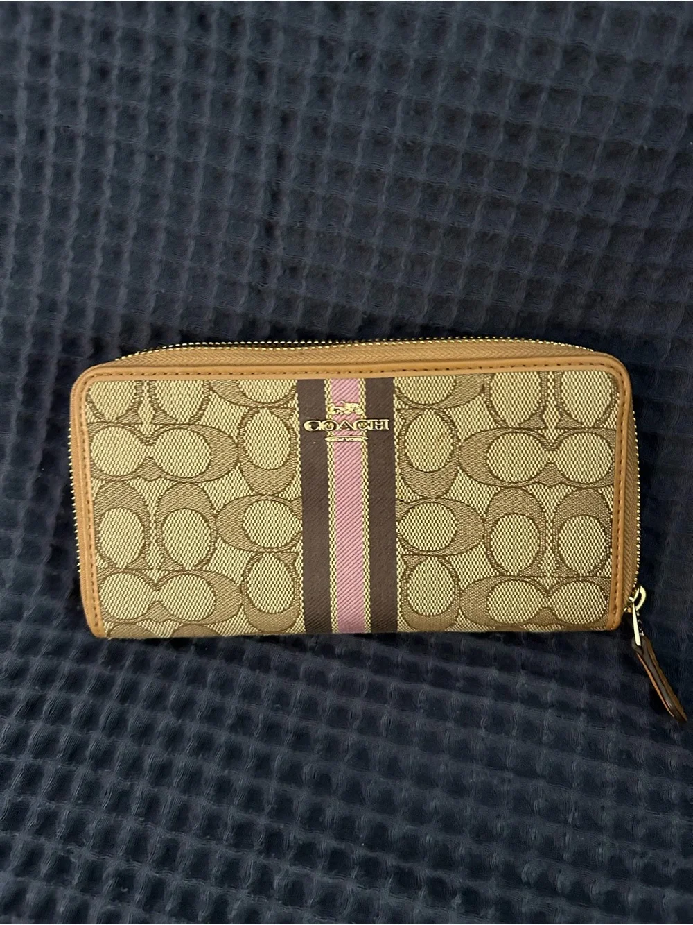 Coach Signature Canvas Shoulder Bag with Pink and Brown Center Stripe & Wallet